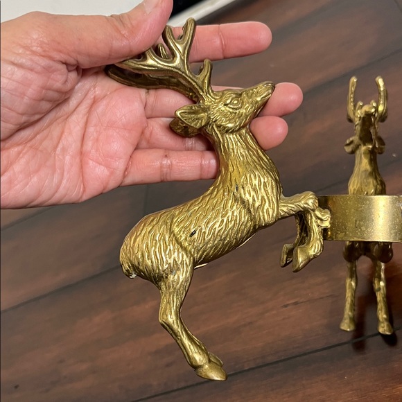 Vintage Mid Century Brass 3 Reindeer Pillar Candle Holder - Picture 9 of 12